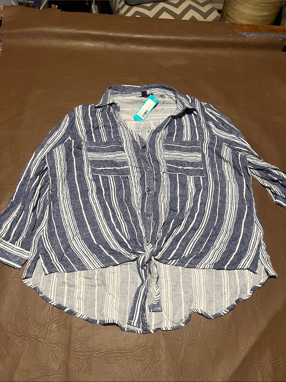 Striped Navy Tie-Front Button Down Shirt
